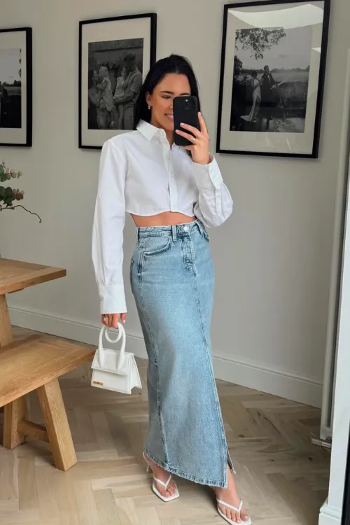 Denim Skirt Outfits That Elevate Your Style Effortlessly 7 cropped shirt skirt
