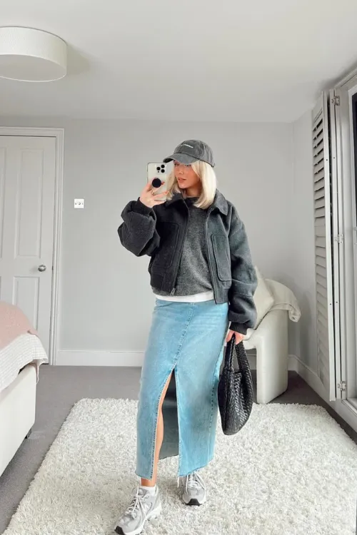Denim Skirt Outfits That Elevate Your Style Effortlessly 9 jacket jumper denim skirt