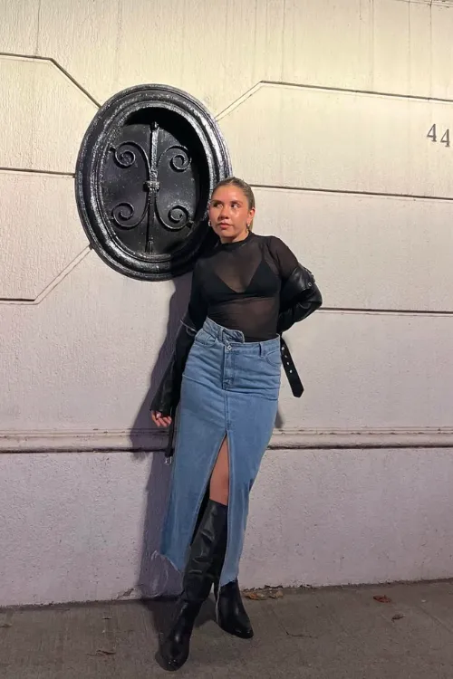 Denim Skirt Outfits That Elevate Your Style Effortlessly 2 mesh top + skirt + boots