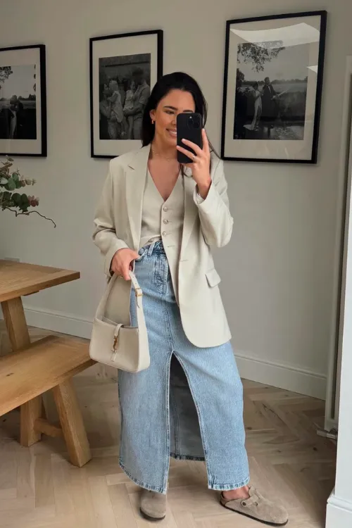 Denim Skirt Outfits That Elevate Your Style Effortlessly 10 oversized blazer + waistcoat + skirt