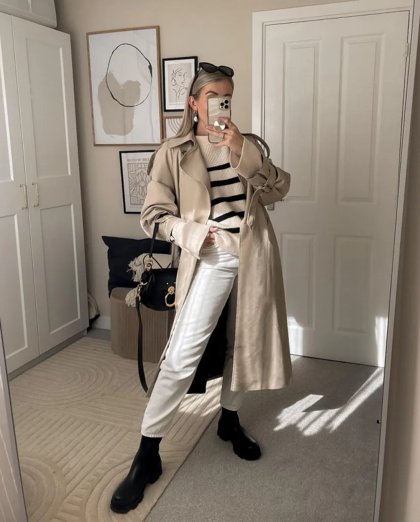 White Jeans Outfit Ideas for a Stylish Look 2 trench coat and white jeans