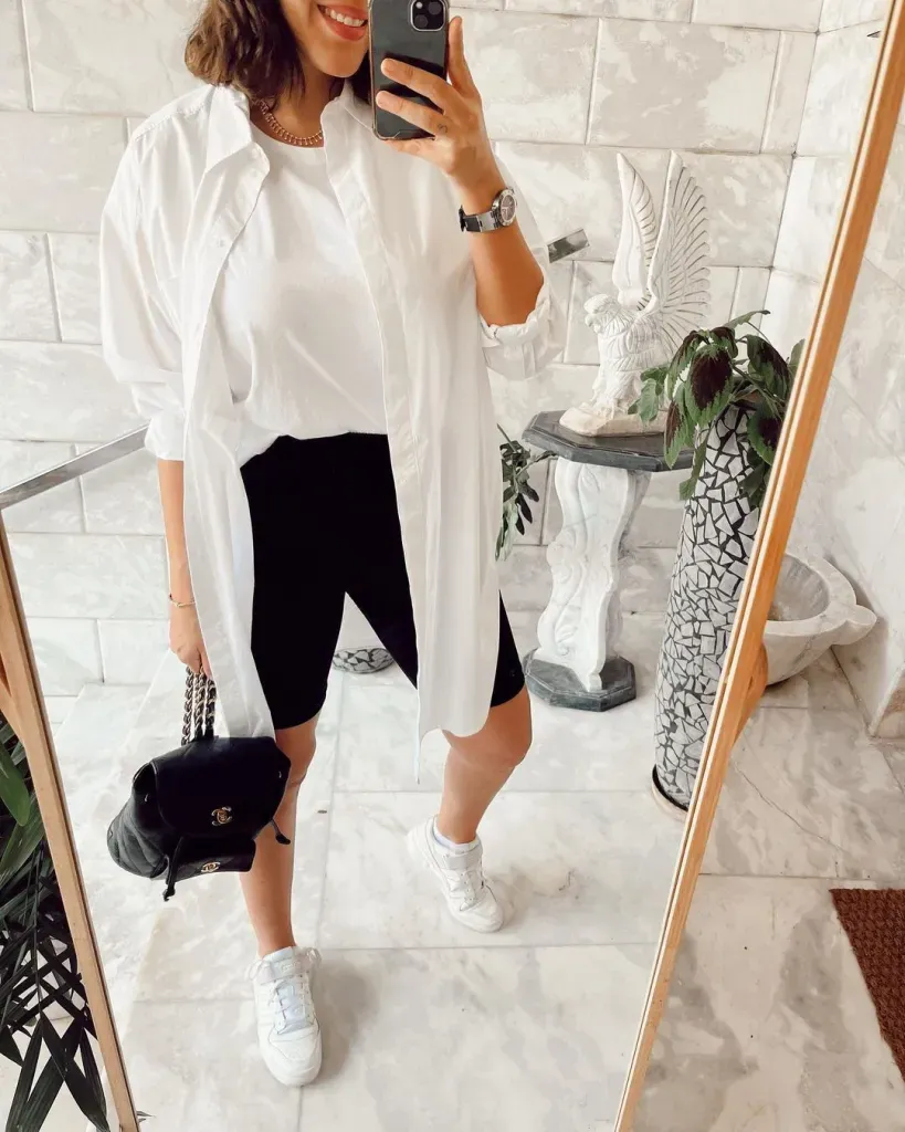 Stylish Biker Shorts Outfit Ideas for Everyday Wear 6 WHITE BUTTON UP SHORTS