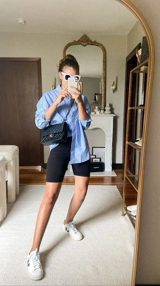 Stylish Biker Shorts Outfit Ideas for Everyday Wear 14 blue button up and biker shorts